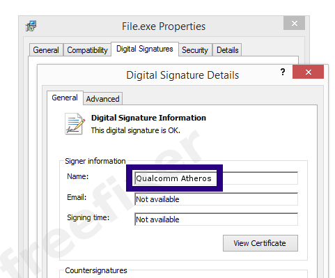 Screenshot of the Qualcomm Atheros certificate